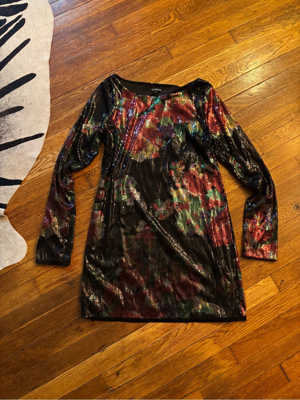 Black Sequin Floral Long-Sleeve Mini Dress